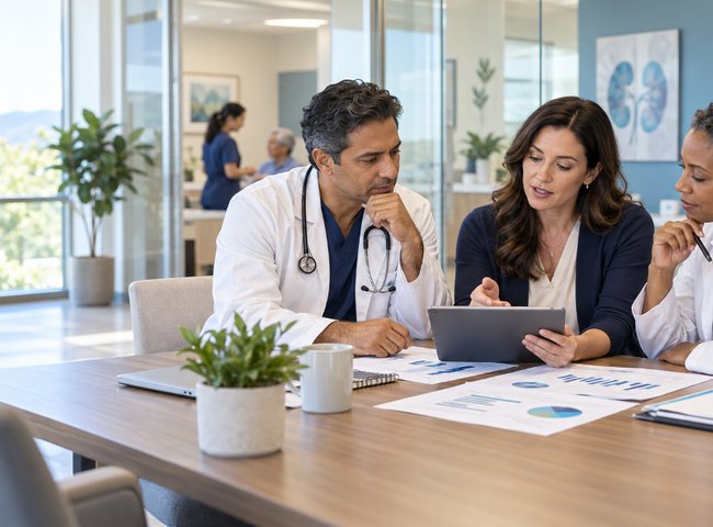 Physicians and a practice manager reviewing charts and a tablet at a conference table in a clinic office while planning for a nephrology practice's future